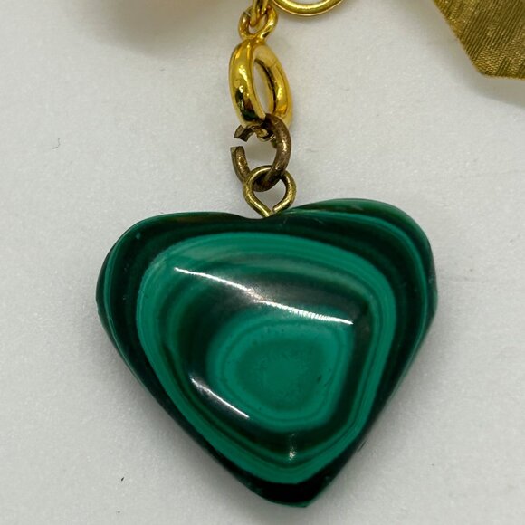 Gold-tone Bow Brooch Dangling Green Malachite Heart Pendant Sweetheart Valentine - Picture 6 of 16